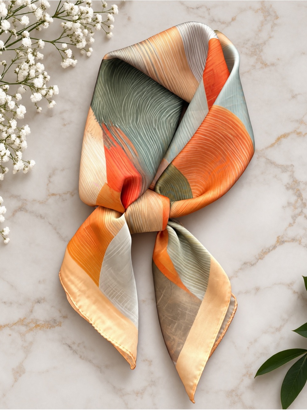 Chic abstract print square scarf featuring a mix of orange & green